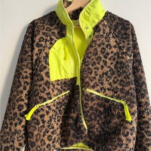 Free People FP Movement Leopard and Neon Green Sherpa Fleece Jacket